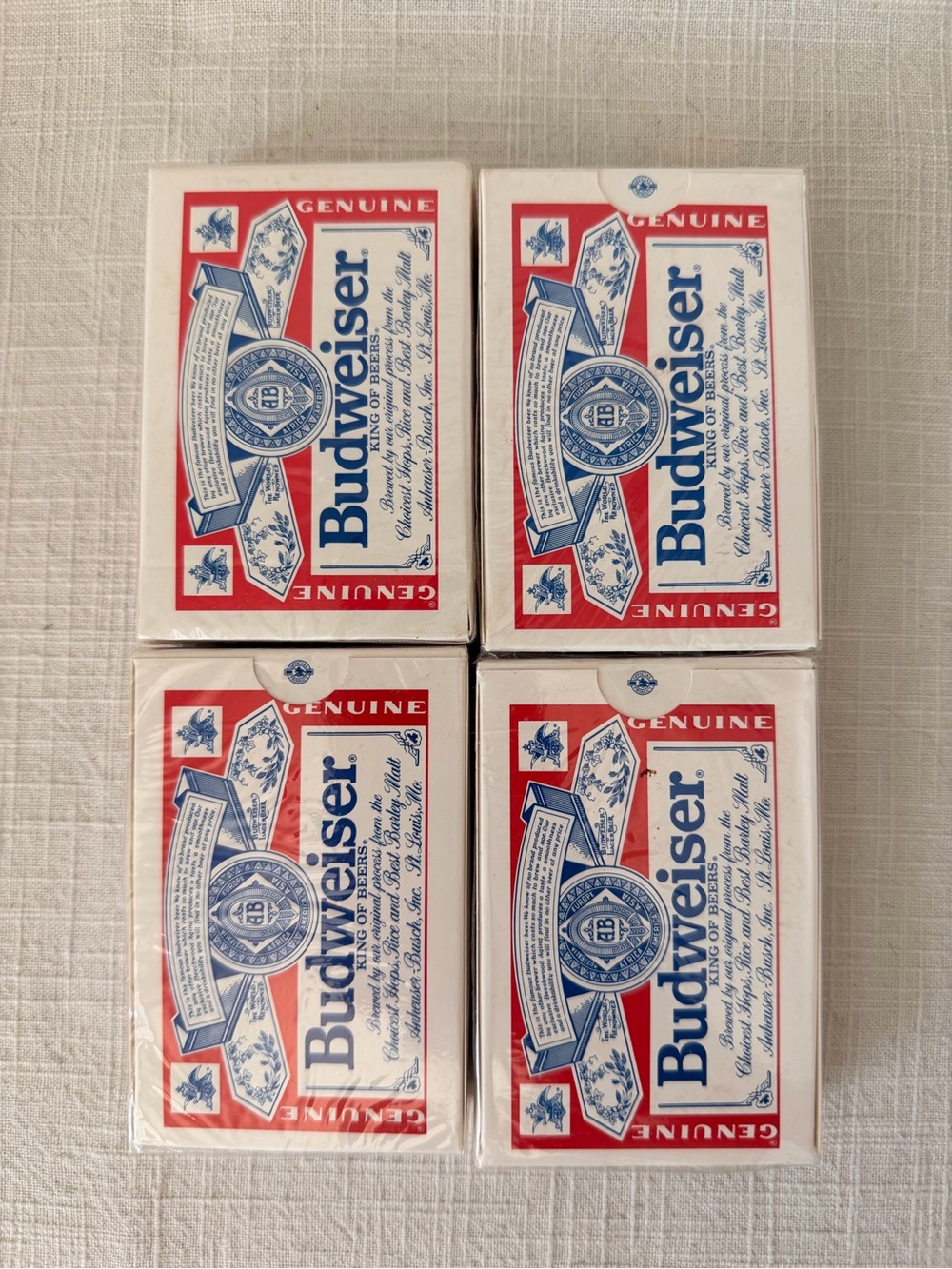 Budweiser Playing Card Decks — Red, Blue & White Pack of Four